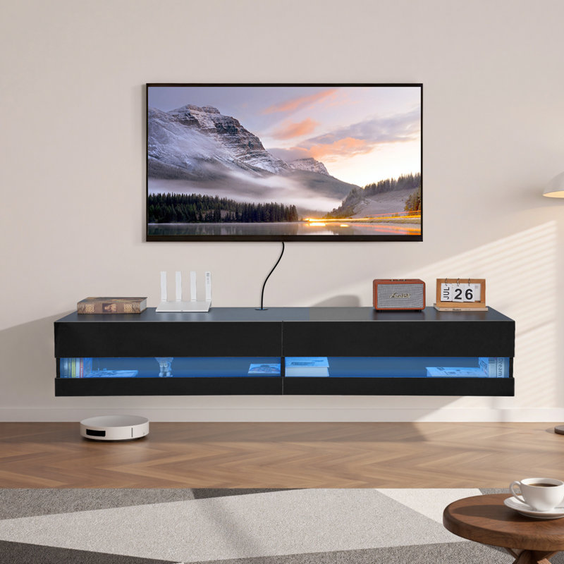 Floating TV Stand, 71 in Wall Mount Entertainment Center with Power Outlet & LED Lights, Modern Floating TV Shelf with 2 Drawers & Storage Cabinet for DVD Player, Cable Box, Game Console, Black