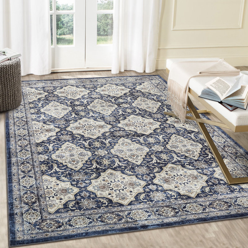 Machine Washable Rug with Rubber Backing for Living Room Oriental Non-Slip Dining Room Rug Easy-Cleaning Floor Carpet for Bedroom Office Playroom
