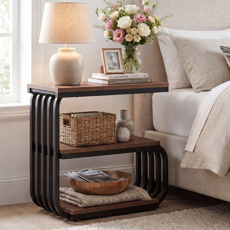 Table de chevet à 3 niveaux avec rangement, table de chevet en C de 25,59 po pour la chambre à coucher, Brun, Individuel