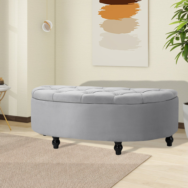 Velvet Upholstered Bench with Flip Top, Light Grey