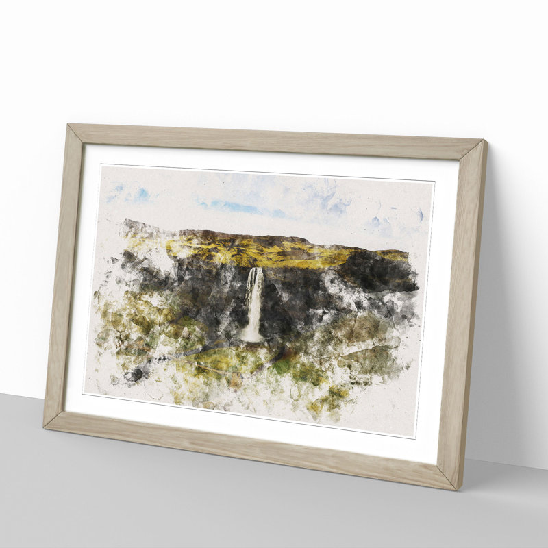 Seljalandsfoss Waterfall in Iceland Vol.1 Watercolour Framed Print, 65cm H x 90cm W x 2cm D, Oak