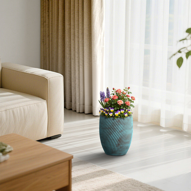 11 in. Small Concrete Round Planter / Pot with Turquoise Stripes with Drainage Holes for Indoor & Outdoor, Turquoise