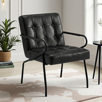21.3 Wide  Mid-Century Modern Upholstered Leather Accent Chair  Tufted Metal Frame Lounge Armchair with Thick Cushion