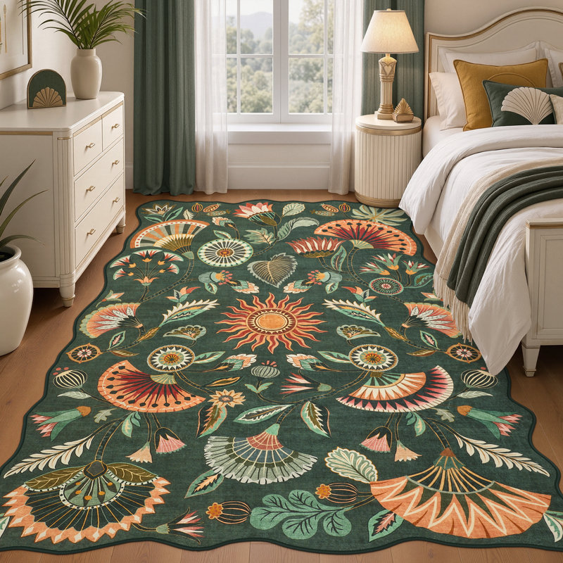 Tapis lavable à motif floral bohème festonné Samba – Antidérapant, doux et à poils courts, idéal pour les enfants et les animaux.