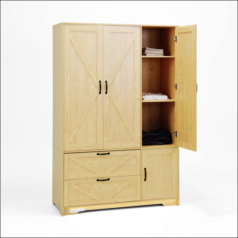 Armoire 4 portes avec miroir et DEL, armoire de rangement en bois avec tablettes réglables et 2 tiroirs, finition naturelle