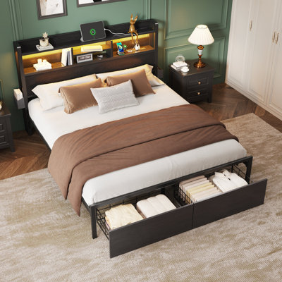 Queen Modern Platform Bed Frame with 2 Storage Drawers, LED Lighting & Charging Station, No Box Spring Required