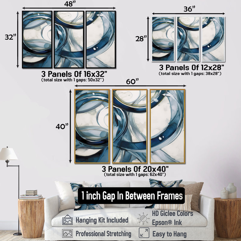 Blue Circle Whirls - ensemble de reproductions d'art abstrait en spirale, Cadre flottant noir, H 40 po x l 60 po x P 1 po