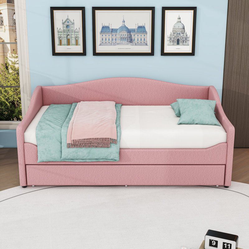 Upholstered Daybed with Trundle and LED Lights, Twin, Pink