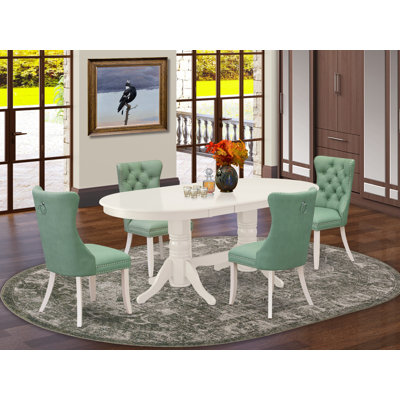 3979A33D74BB42649AE9A5DB5ED73A2C Ensemble de salle à manger 5 pièces - une table de salle à manger rectangulaire avec pieds en V et 4 chaises rembourrées en tissu Gotham Linen foncé