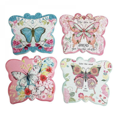 Ensemble de 4 papillons colorés sur des sous-verres en forme de papillon