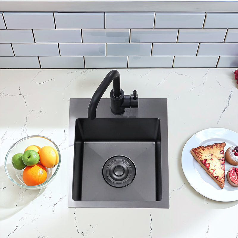 Évier de cuisine à simple cuve en acier inoxydable noir mat 13 po x 15 po