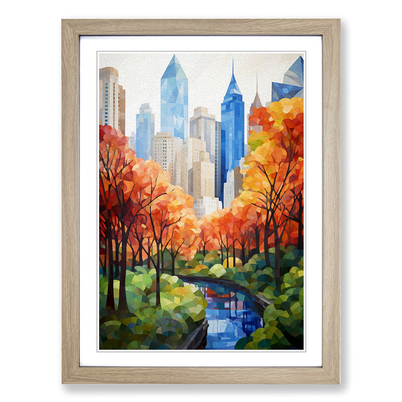 Central Park Geometric No.2 - Single Picture Frame Print on Wood, Oak Framed, 46cm H x 34cm W x 2cm D
