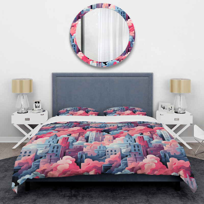 Literie à motif de paysage urbain bleu et rose, Housse de couette pour très grand lit et 2 très