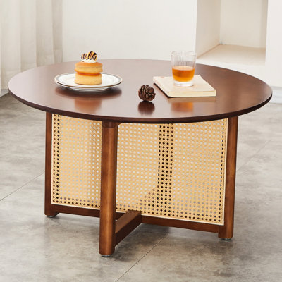 Mid-century Bohemian Solid Wood Coffee Table With Pe Holder, 31.5-inch Round For Living Room, Bedroom, Office, Attractive Form Top, Style Soft Texture