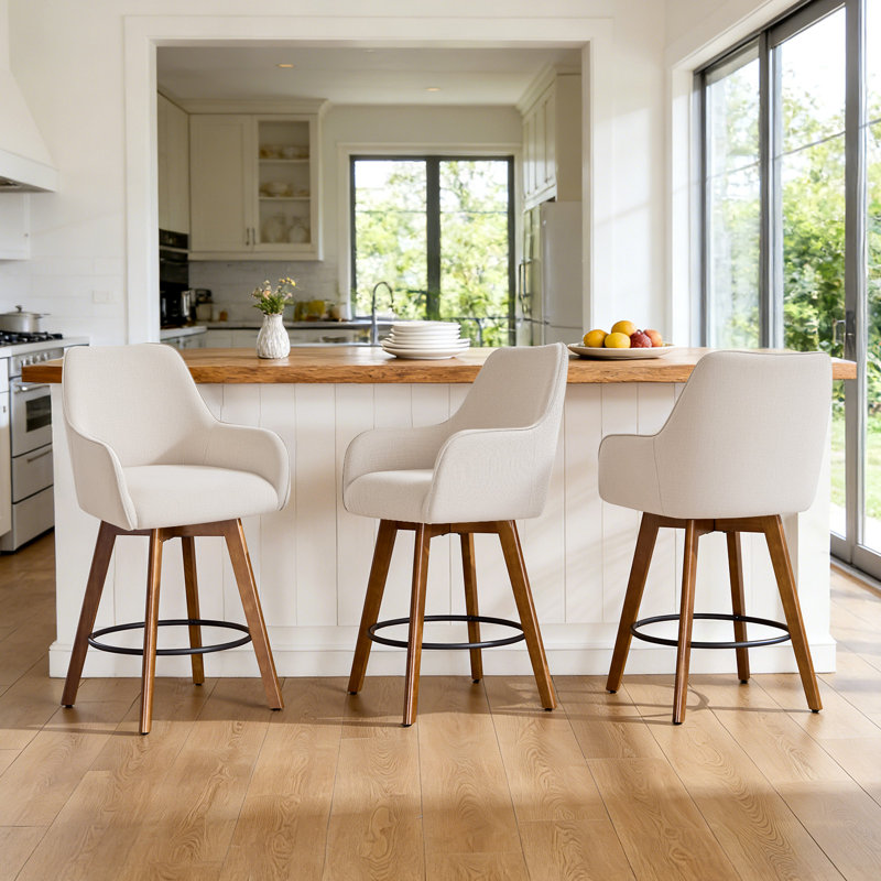 25" Swivel Full Back Counter Height Bar Stools with Solid Wood Frame & Arms (Set of 3), 3, White