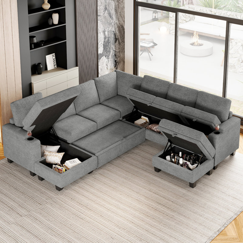 Januelle Bujesily Chenille U Shaped Couch Large Pull Out Sleeper With Chaise Sectional Sofa Modular Couch With Storage Ottoman Storage Seat