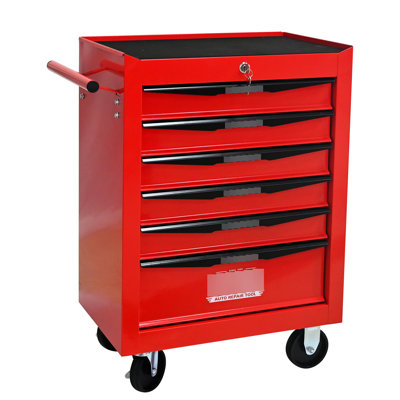 Chariot à outils à 6 tiroirs, acier rouge et noir, verrouillage par clé, comptoir lisse, armoire à roulettes universelle à 4 roues, roues, poignée à tirer, verrouillage