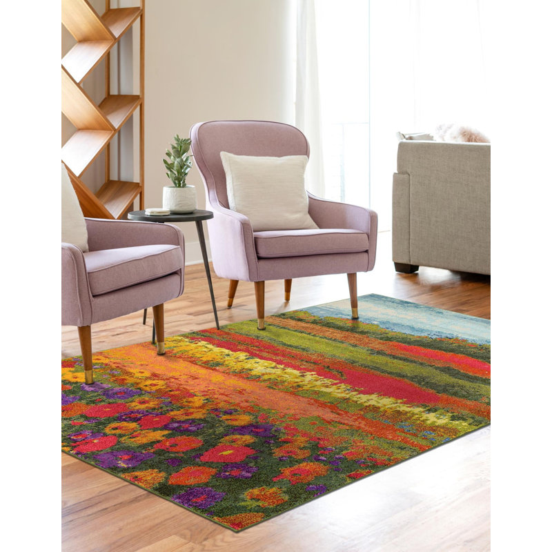 Tapis vert / rouge / jaune Glenarden, Rectangle 5 pi 1 po x 8 pi