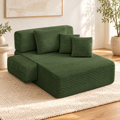 Chaise longue en velours côtelé Velrissorique 2 en 1 avec coussins en mousse et à ressorts ensachés, accoudoirs larges et poche latérale