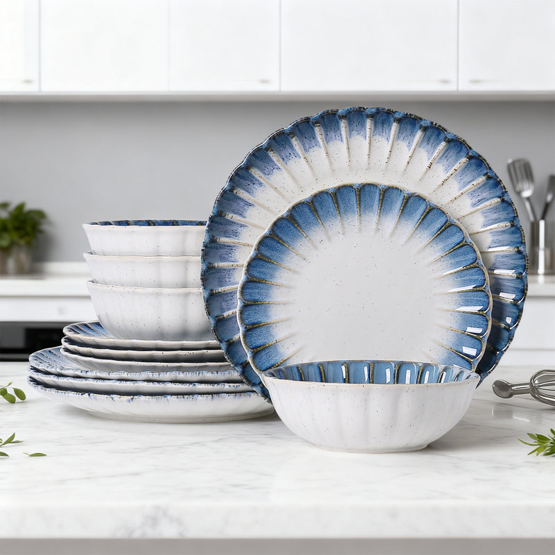  Petal French Country12 Piece Stoneware Dinnerware Sets, Service For 4, Blue;White