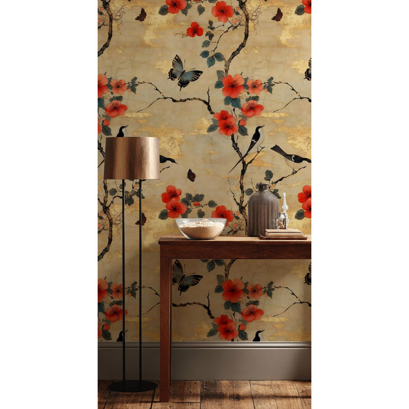 Rouleau de papier peint japonais à motif de fleurs de cerisier doré japonais