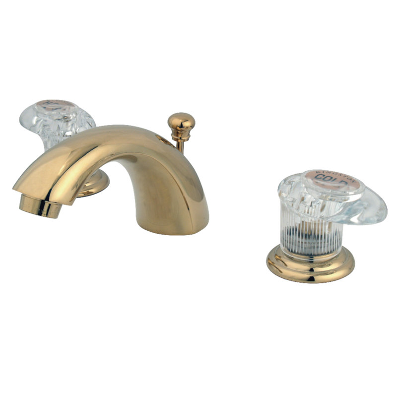 Kingston Brass Magellan Two-Handle 3-Hole Deck Mount Mini-Widespread Bathroom Faucet with Plastic Pop-Up, Polished Brass