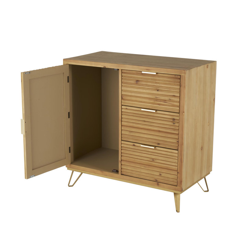 Cole And Grey Wooden Ribbed 1 Door And 3 Drawers Room Cabinet With Gold Metal Handles