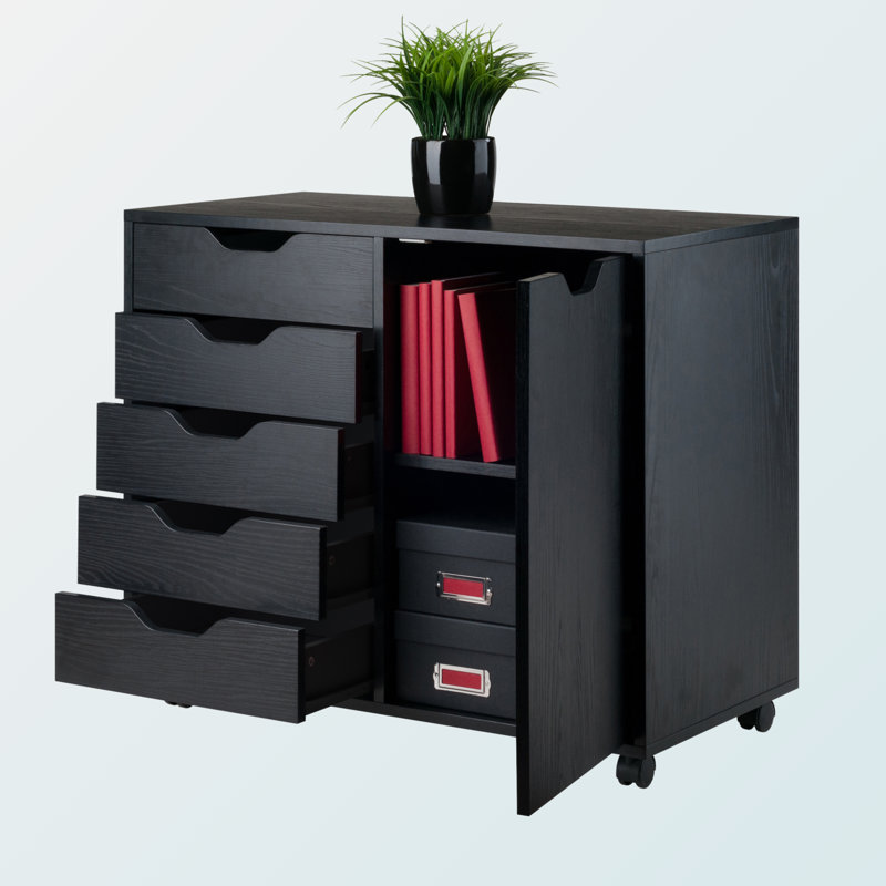 Holthaus Multi Storage Mobile Cabinet With 5-Drawer in Black Finish, 26.03" H X 30.41" W X 15.85" D, Black