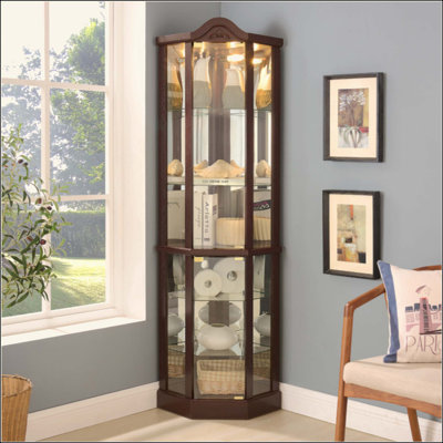 Vitrine d'angle vitrée lumineuse avec tablettes réglables