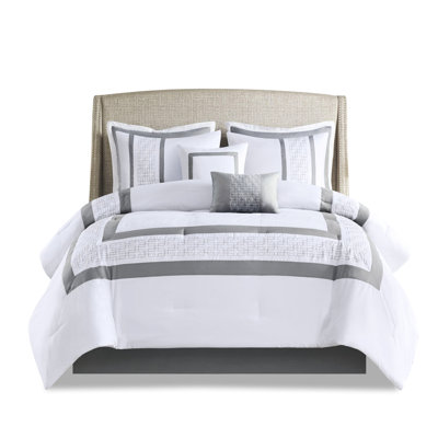 King Size 8 Piece Comforter - Elegant Embroidery Details Grey & White Bedding Graceful
