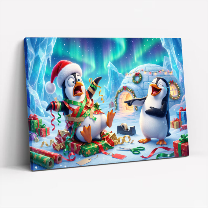 Tableau sur toile tendue représentant une scène de Noël avec des pingouins, aurore boréale et igloo (lot de 1), Noir