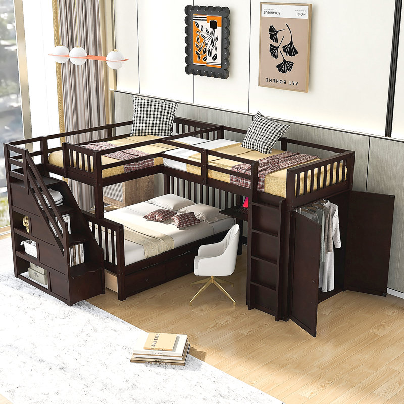 Lit superposé simple en L avec 3 tiroirs, bureau portable et garde-robe, Espresso