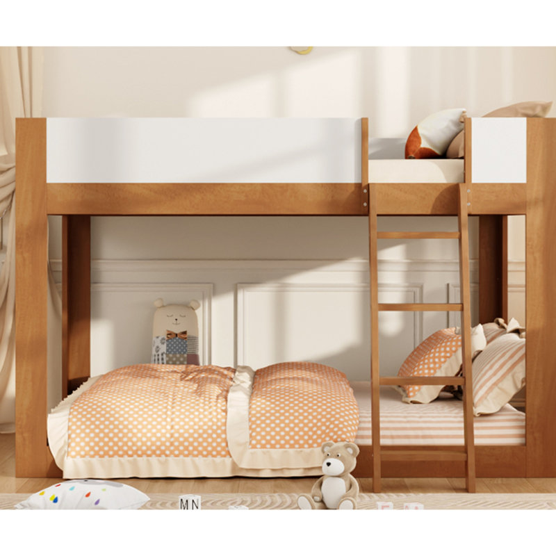 Grand lit superposé bas, lit superposé convertible en bois avec échelle réversible et garde-corps, noyer et blanc, Grand lit
