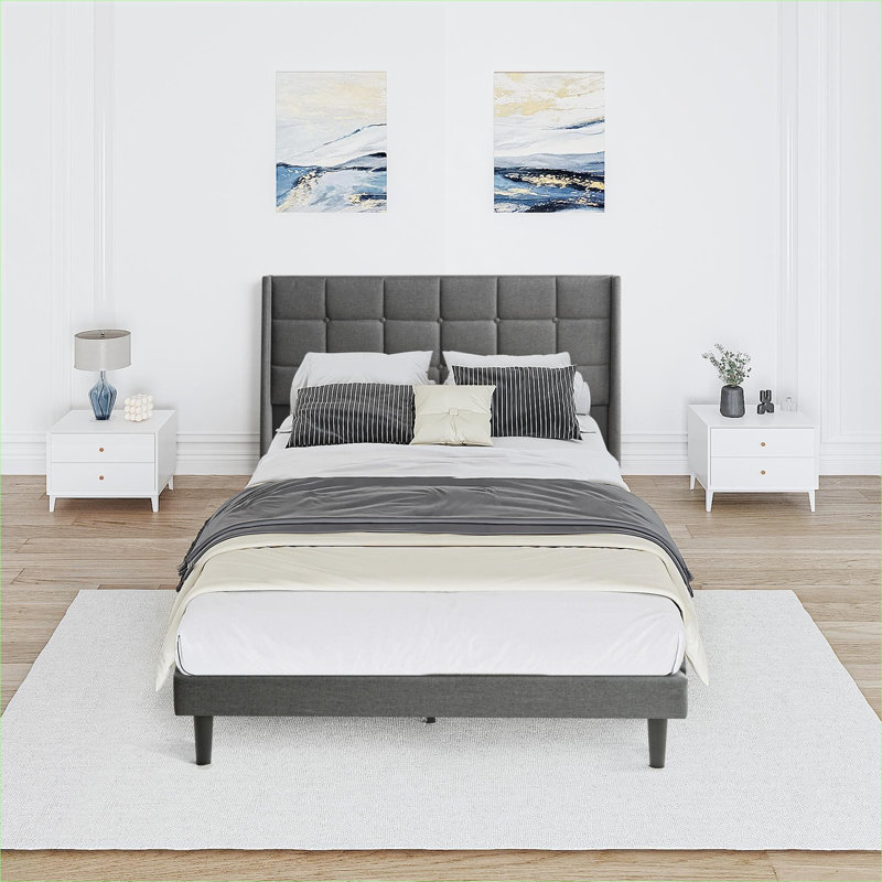 Queen Sized Upholstered Platform Bed Frame, Modern Button Tufted Luxury Linen Fabric, No Box Spring Needed, Classic Gray