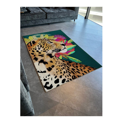 Green Themed Tiger and Floral Patterned Creative Modern Decorative Rug
