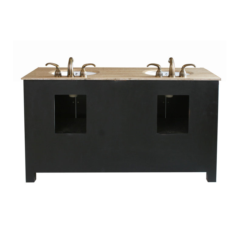 62'' Double Bathroom Vanity with Travertine Top, Ebony