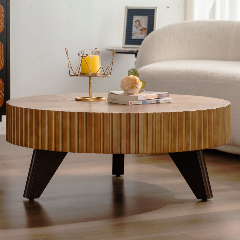 35,4 po, table basse ronde rétro, table basse convenant à la maison, Natural Wood / Black