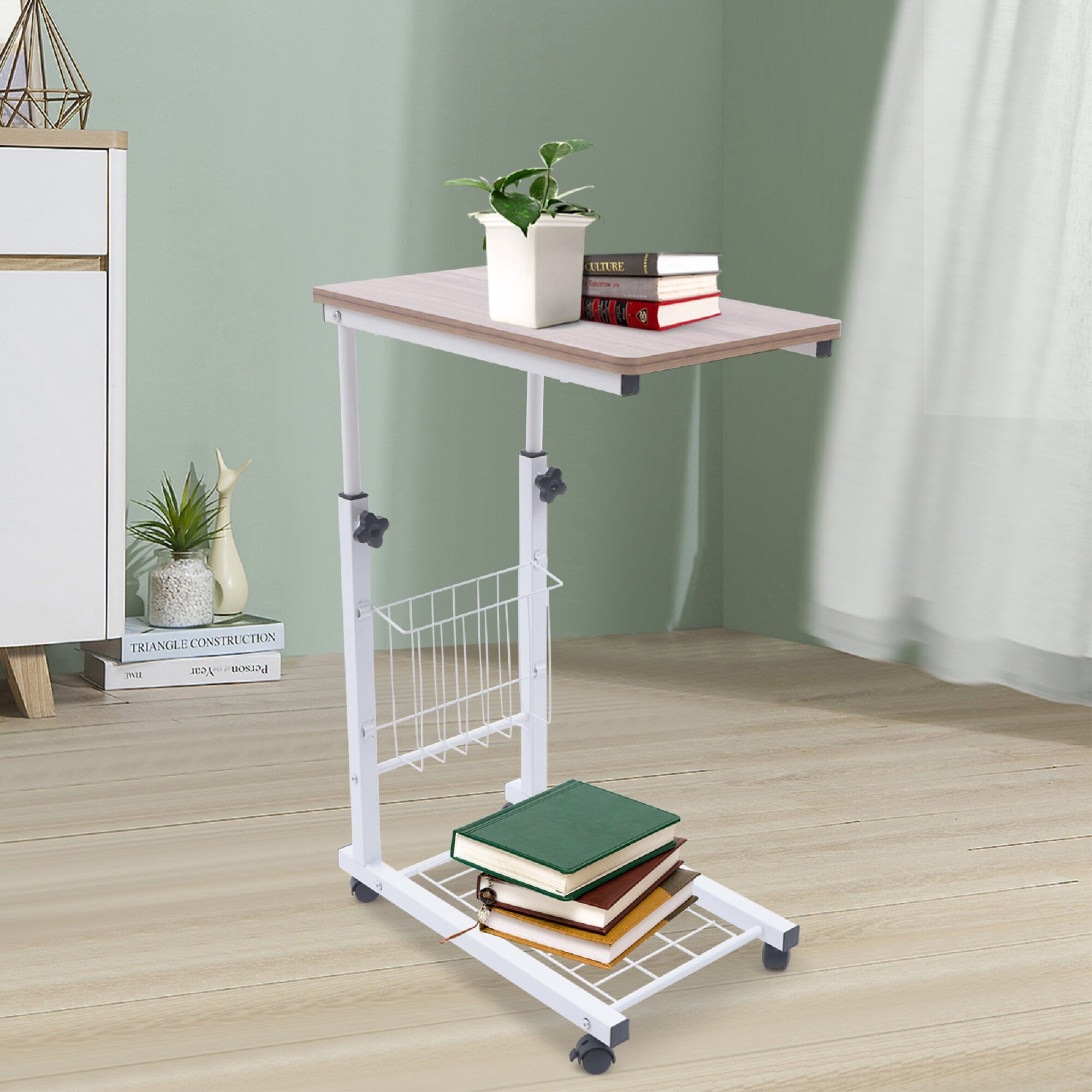 Inbox Zero Height Adjustable Rolling End Table Portable Snack Table ...