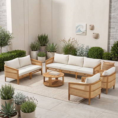 Ensemble de conversation modulaire en bois pour patio avec canapé 3 places, causeuse, 2 fauteuils, table basse ronde et coussins