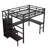 Full Xl Size Gaming Loft Bed With L-shaped Desk, Led And Charging Station, Metal Loft Bed With Wardrobe And Adjustable Shelf For Kids Teens Adults, Black-1505329205