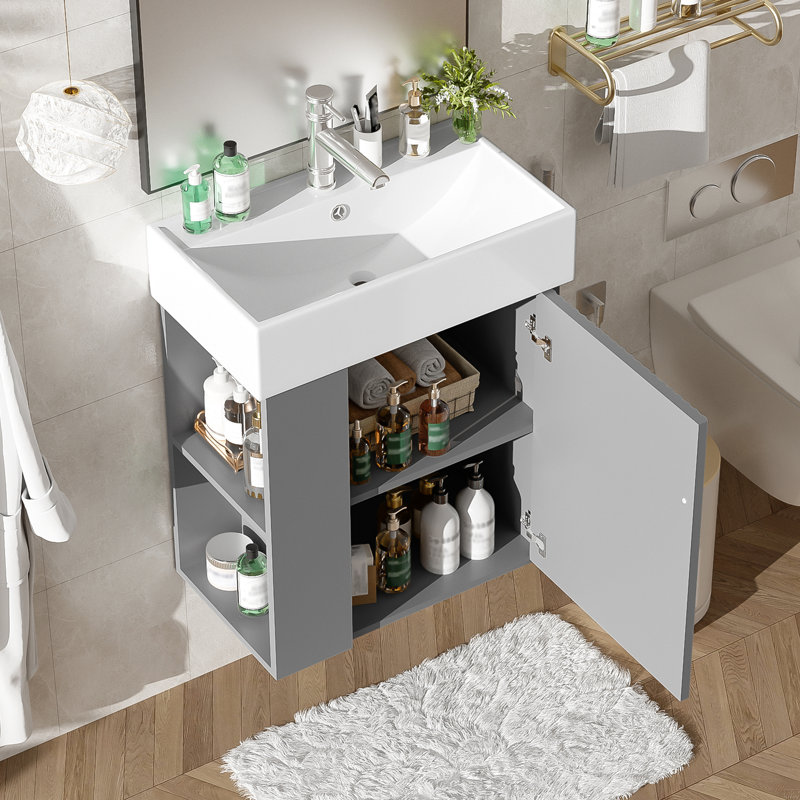 Meuble-lavabo flottant avec lavabo en céramique, Gris, Noir