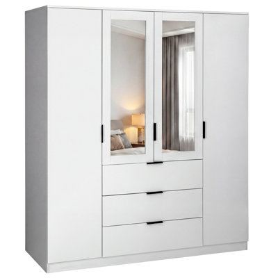 Modern 4 Door 3 Drawer Mirrored Wardrobe Bedroom Furniture with Hanging Rail & Storage Drawers