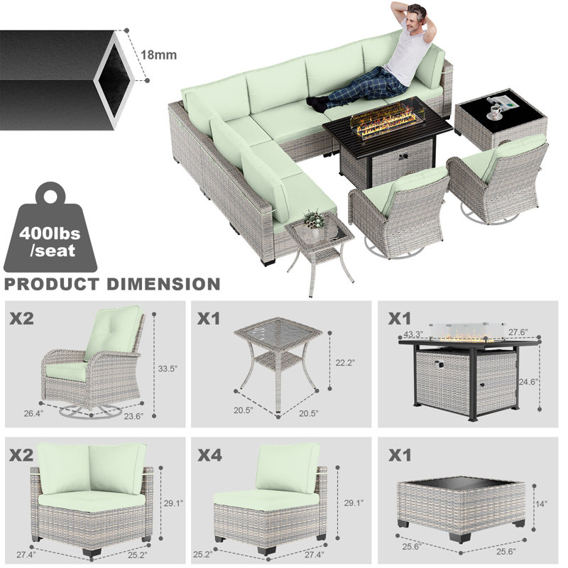 11-Piece Patio Furniture Set, Outdoor Patio Furniture with 55,000 BTU Fire Pit Table, Swivel Chairs Set, Thick Cushions, Modular Patio Sofa, Dual-Strand Wicker Rattan, Rust-Resistant Frame