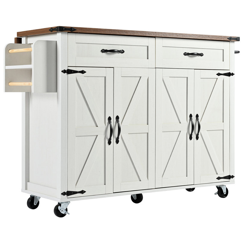 K&K 53.5''Farmhouse Kitchen Island With Power Outlet, Kitchen Storage Island With Drop Leaf, Spice Rack And Drawer, Rolling Kitchen Cart On Wheels, For Home, Kitchen And Dining Room