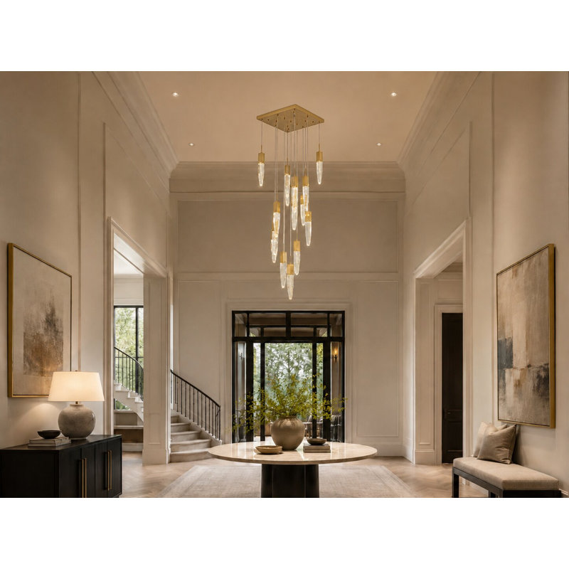 Lustre 15 lumières avec pendentifs suspendus en cristal, Doré