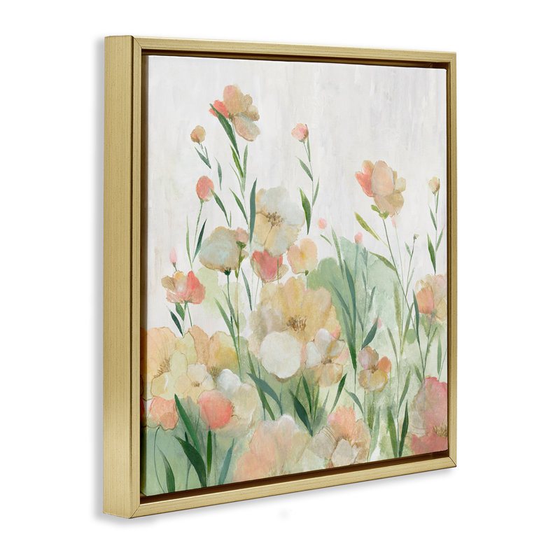 «Blush Florals Meadow», art mural encadré par Floater, H 18 po x l 18 po, Cadre flottant métallique doré