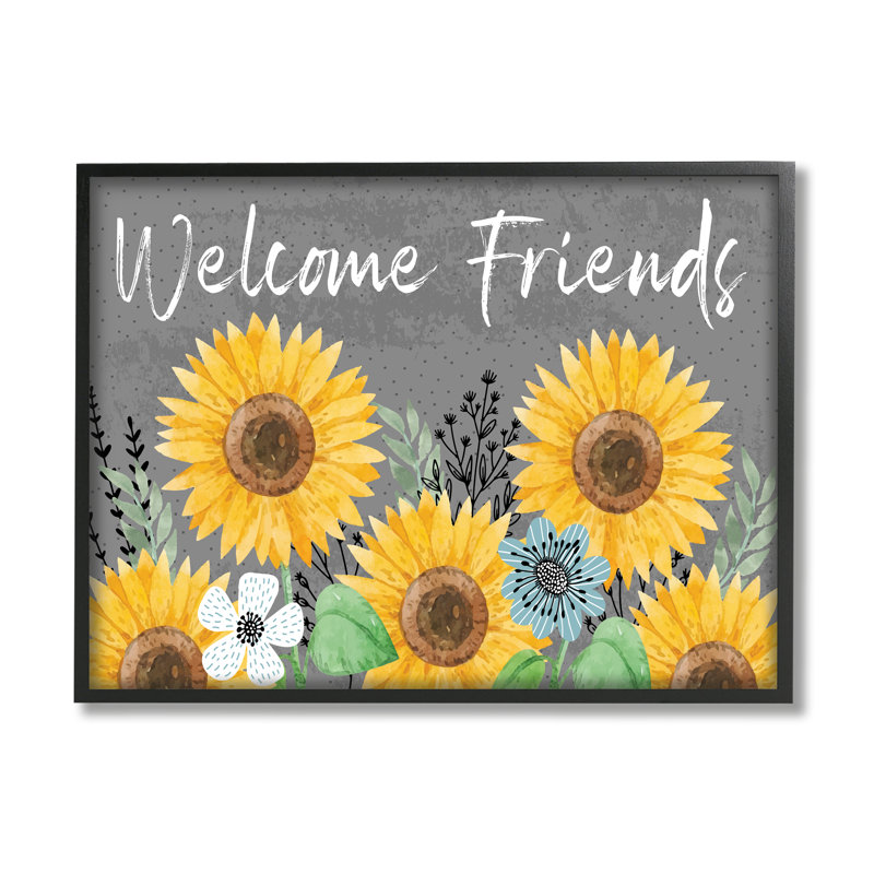 Welcome Friends Garden Florals - Cadre flottant, impression sur bois, Giclée encadrée noir minuit
