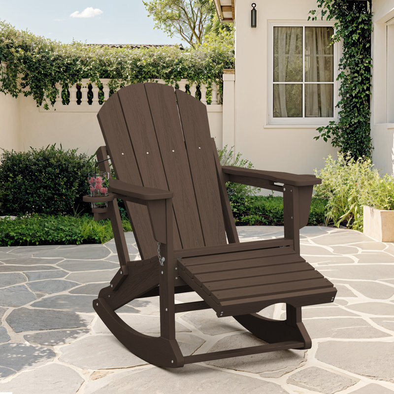 Outdoor HDPE Folding and Rocking Adirondack Chair With Double Cup Holder and Ottoam , Coffee