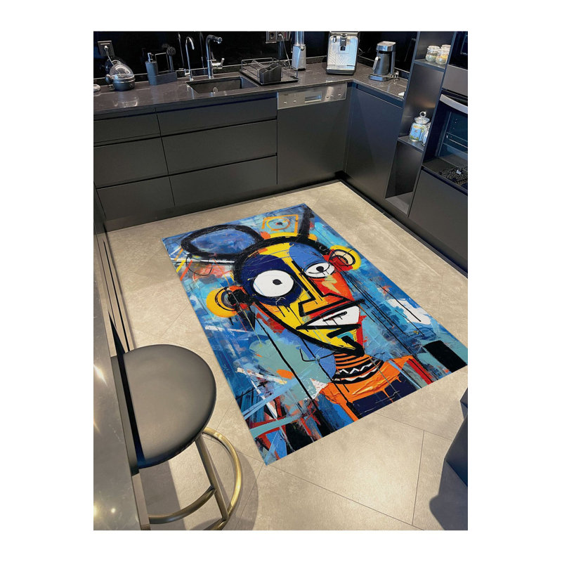 Tapis décoratif lavable à la machine à motif abstrait multicolore à motif de visage à motif abstrait de couleur foncée Sun Collection