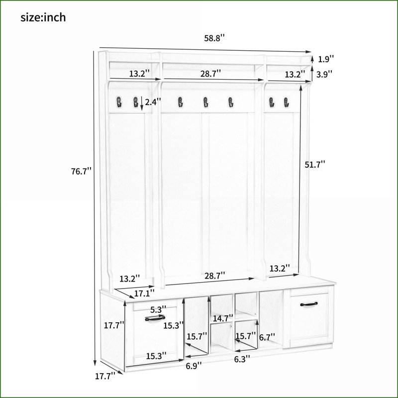 Banc de vestibule 5 en 1 avec 7 crochets, 2 tiroirs et amp; Tablettes de 58,8 po de largeur | Brun + blanc | Panneau de fibres à densité moyenne
